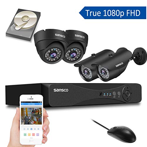 SANSCO, SANSCO 1080p HD CCTV Camera System with 1TB Hard Drvie, 4 Channel 5MP DVR, 4pcs 2MP Weatherproof Outdoor Camera (Dome and Bullet