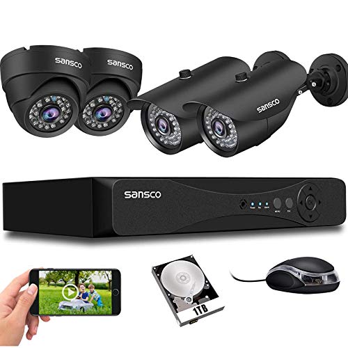 SANSCO, SANSCO 1080p HD CCTV Camera System with 1TB Hard Drvie, 4 Channel 5MP DVR, 4pcs 2MP Weatherproof Outdoor Camera (Dome and Bullet