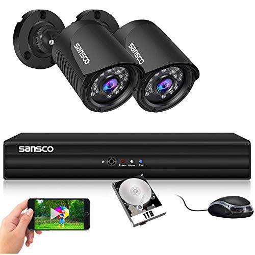 SANSCO, SANSCO 4 Channel 5MP DVR 1080P CCTV Camera System with 1TB HDD for 24/7 Recording, 2x 2MP HD Waterproof Security Bullet Outdoor