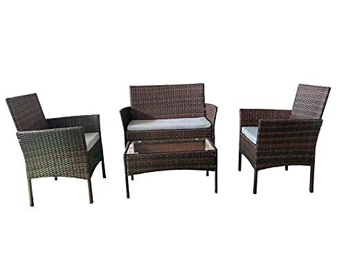 SHATCHI, SHATCHI 4 Rattan Wicker Set of Dark/Light Brown 2 Seater Sofa, Table, 2 Chairs for Indoor Outdoor Garden Furniture Patio Conservatory
