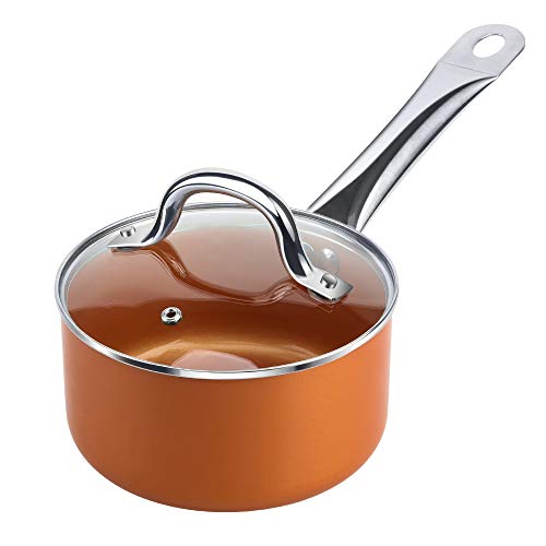 SHINEURI, SHINEURI 1 1/2 qt Copper Saucepan, Mini Saute Pan with Lid - Cooking for Soup, Stew, Sauce, Pasta & Reheat Food, Compatible for Induction
