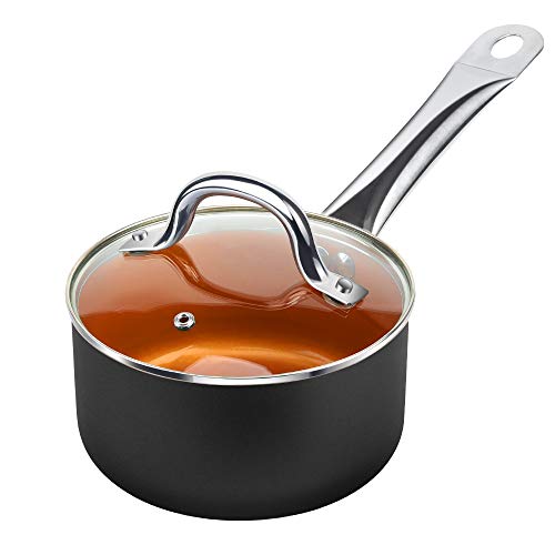 SHINEURI, SHINEURI 1.5 Quart Copper Saucepan, Nonstick Ceramic Mini Sauce Pan - Cooking for Soup, Stew, Sauce & Reheat Food