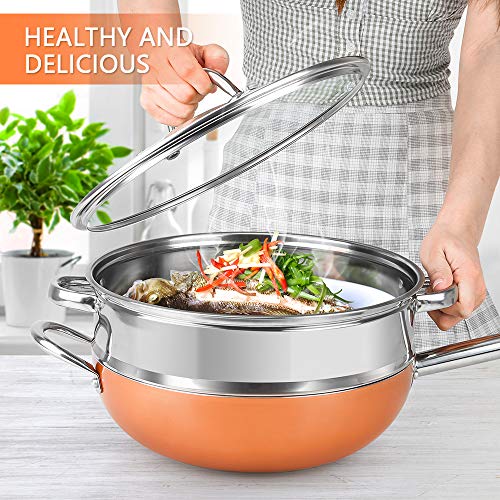 SHINEURI, SHINEURI 3 Pieces Copper Nonstick Ceramic Fry Pan Set - 12 Inch Woks and Stir Fry Pans with Lid & Stainless Steel Steamer Basket - Copper