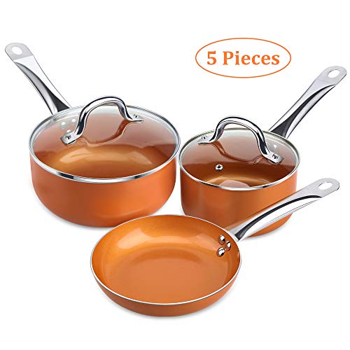 SHINEURI, SHINEURI 5 Pieces Copper Cookware Pans and Pots Set - 8 inch Fry Pan, 1.5qt Saucepan and 2.5 qt Saucepan with Lid - Perfect for Stir fry, Grill