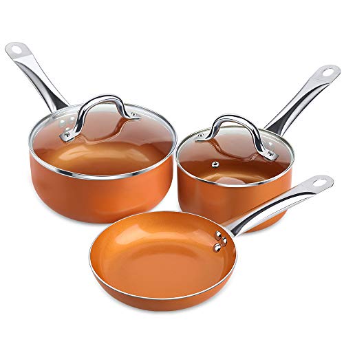 SHINEURI, SHINEURI 5 Pieces Copper Cookware Pans and Pots Set - 8 inch Fry Pan, 1.5qt Saucepan and 2.5 qt Saucepan with Lid - Perfect for Stir fry, Grill