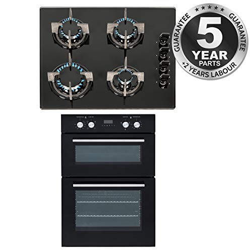SIA, SIA 60cm Built In Double Electric Fan Oven& 4 Burner Black Gas On Glass Hob