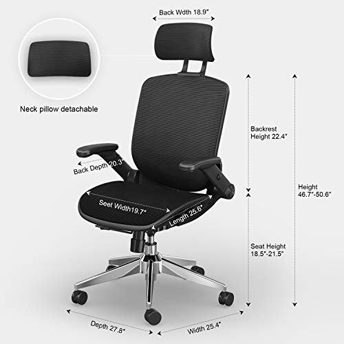 SNOVIAY, SNOVIAY Ergonomic Office Chair, Executive Task Mesh Chair High Back Desk Chair with Flip-Up Armrest, Adjustable Headrest, Tilt Function