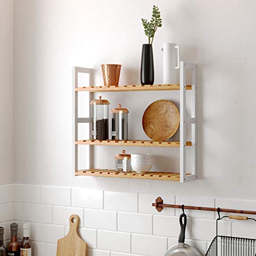 SONGMICS, SONGMICS Bamboo Bathroom Shelf, 3-Tier Adjustable Plants Rack, Wall-Mounted or Stand, in the Living Room, Balcony, Kitchen, Natural