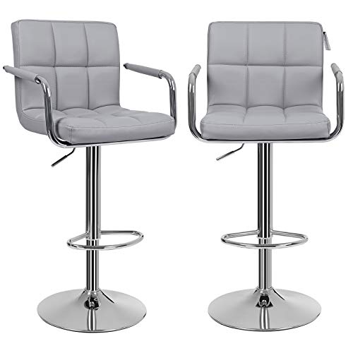 SONGMICS, SONGMICS Bar Stools Set of 2, Height Adjustable Bar Chairs in Synthetic Leather, 360° Swivel Kitchen Stool with Backrest and Footrest, Grey LJB93GUK