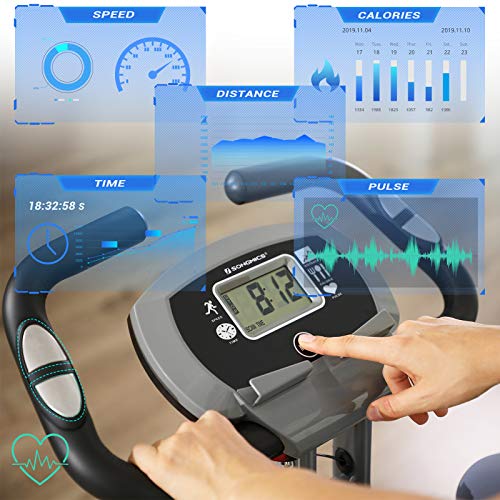 SONGMICS, SONGMICS Exercise Bike, Fitness Bicycle, Foldable Indoor Trainer, 8 Magnetic Resistance Levels, with Floor Mat, Pulse Sensor, Phone Holder