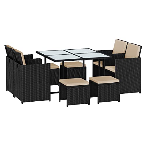 SONGMICS, SONGMICS Garden Furniture Set Dining Table and Chairs, Set of 9 PE Rattan Outdoor Patio Furniture, Dining Furniture, Glass Top Coffee