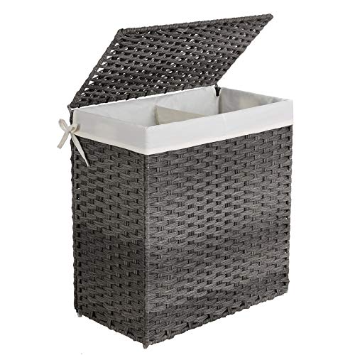 SONGMICS, SONGMICS Handwoven Laundry Basket, 110L Synthetic Rattan Divided Clothes Hamper with Lid and Handles, Foldable, Removable Liner Bag, Grey LCB52WG
