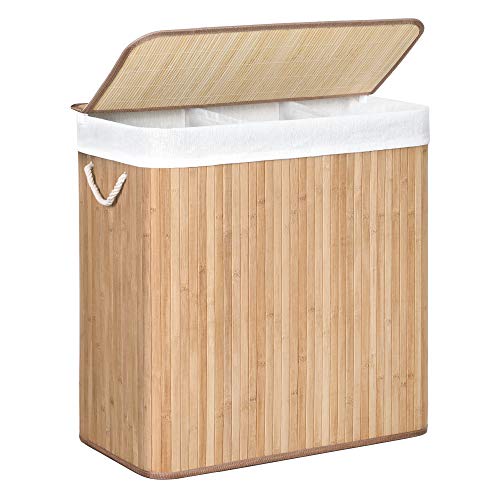 SONGMICS, SONGMICS Laundry Hamper Basket with 3 Sections, Clip-on Lid and Handles, 150L Foldable, for Laundry Room, Bedroom, Bathroom, Natural LCB091N01