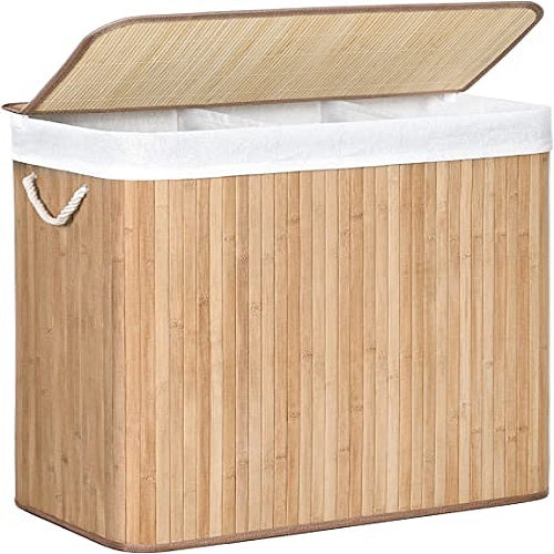 SONGMICS, SONGMICS Laundry Hamper Basket with 3 Sections, Clip-on Lid and Handles, 150L Foldable, for Laundry Room, Bedroom, Bathroom, Natural LCB091W01