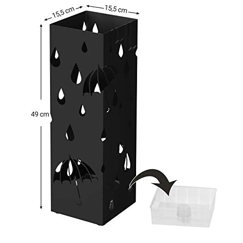 SONGMICS, SONGMICS Metal Umbrella Stand, Square Umbrella Holder with Drip Tray and 4 Hooks, 15.5 x 15.5 x 49 cm, Black LUC49B