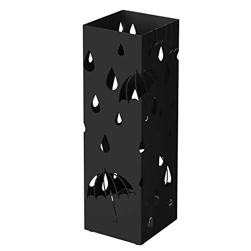 SONGMICS, SONGMICS Metal Umbrella Stand, Square Umbrella Holder with Drip Tray and 4 Hooks, 15.5 x 15.5 x 49 cm, Black LUC49B