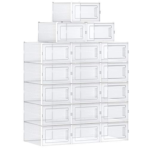 SONGMICS, SONGMICS Shoe Boxes, Pack of 18 Stackable Shoe Storage Organisers, Foldable and Versatile for Sneakers, Fit up to UK Size 10, Transparent