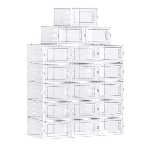 SONGMICS, SONGMICS Shoe Boxes, Pack of 18 Stackable Shoe Storage Organisers, Foldable and Versatile for Sneakers, Fit up to UK Size 9, Transparent