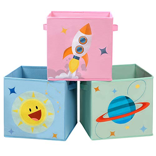 SONGMICS, SONGMICS Storage Boxes, Set of 3, Toy Organiser Boxes, Foldable Storage Cubes with Handles, for Kid’s Room, Playroom, 30 x 30 x 30 cm, Space Theme, Blue, Green and Pink RFB001Y03