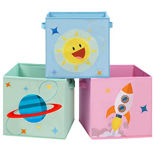 SONGMICS, SONGMICS Storage Boxes, Set of 3, Toy Organiser Boxes, Foldable Storage Cubes with Handles, for Kid’s Room, Playroom, 30 x 30 x 30 cm, Space Theme, Blue, Green and Pink RFB001Y03