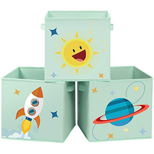 SONGMICS, SONGMICS Storage Boxes, Set of 3, Toy Organiser Boxes, Foldable Storage Cubes with Two Handles, for Kid’s Room, Playroom, Bedroom, 30 x 30 x 30 cm, Space Theme, Green RFB001G03