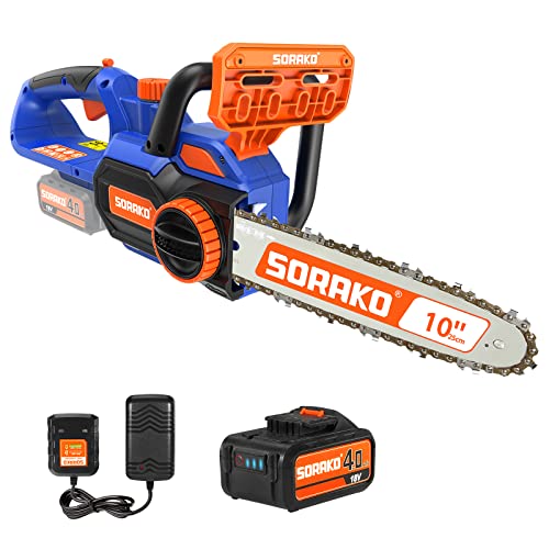 SORAKO, SORAKO Cordless Chainsaw, 18V 10Inch Electric Chainsaw with 4.0AH Capacty, 25cm Guide Bar, Tool-Free Chain Tensioning & Automatic