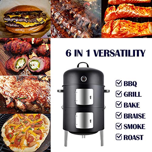 SUNLIFER, SUNLIFER Charcoal BBQ Grill, Heavy Duty 3-in-1 Barbecue Smoker Grill for Garden Camping Outdoor Cooking and Grilling 89x56x43CM