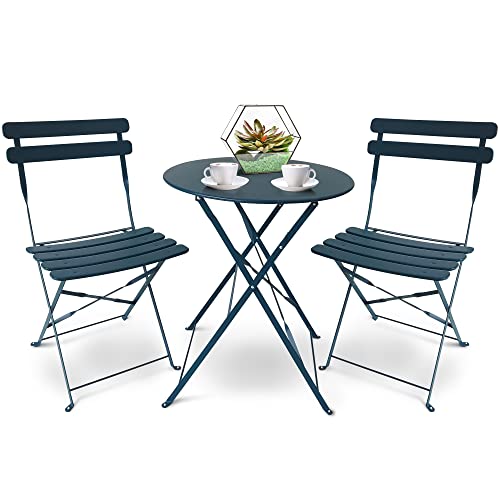 SUNMER, SUNMER Bistro Table and Chairs Set of 3, Metal Foldable Garden Patio Balcony Dining Furniture Set - Blue