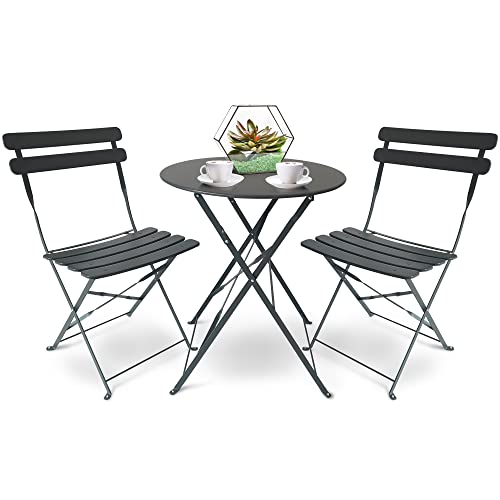 SUNMER, SUNMER Bistro Table and Chairs Set of 3, Metal Foldable Garden Patio Balcony Dining Furniture Set - Grey