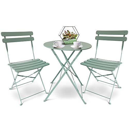 SUNMER, SUNMER Bistro Table and Chairs Set of 3, Metal Foldable Garden Patio Balcony Dining Furniture Set - Mint