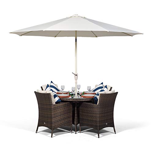 Giardino, Savannah 4 Seater Brown Rattan Dining Table & Chairs with Ice Bucket Drinks Cooler | Outdoor Poly Rattan Garden Dining Set Rattan