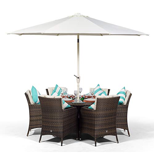 Giardino, Savannah 6 Seater Brown Rattan Dining Table & Chairs with Ice Bucket Drinks Cooler | Outdoor Poly Rattan Garden Dining Furniture Set Rattan