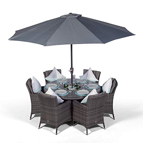 Giardino, Savannah 6 Seater Grey Rattan Dining Table & Chairs with Ice Bucket Drinks Cooler | Outdoor Poly Rattan Garden Dining Set with Parasol & Cover