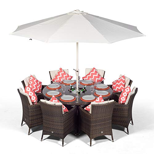 Giardino, Savannah 8 Seater Brown Rattan Dining Table & Chairs with Ice Bucket Drinks Cooler | Outdoor Poly Rattan Garden Dining Furniture Set