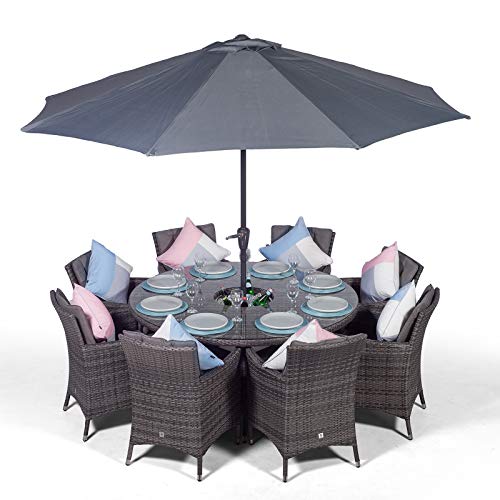 Giardino, Savannah 8 Seater Grey Rattan Dining Table & Chairs with Ice Bucket Drinks Cooler | Outdoor Poly Rattan Garden Dining Furniture Set