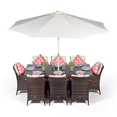 Giardino, Savannah Large Rattan Dining Set | Rectangle 8 Seater Brown Rattan Table & Chairs Set with Ice Bucket Drinks Cooler | Outdoor Poly Rattan