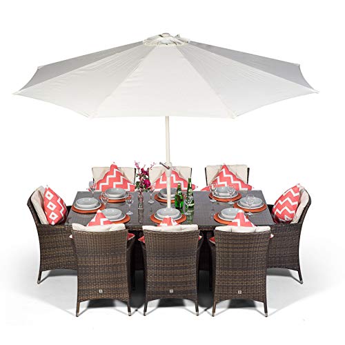 Giardino, Savannah Rattan Dining Set | Large Rectangle 8 Seater Brown Rattan Dining Set | Outdoor Poly Rattan Garden Table & Chairs Set | Patio