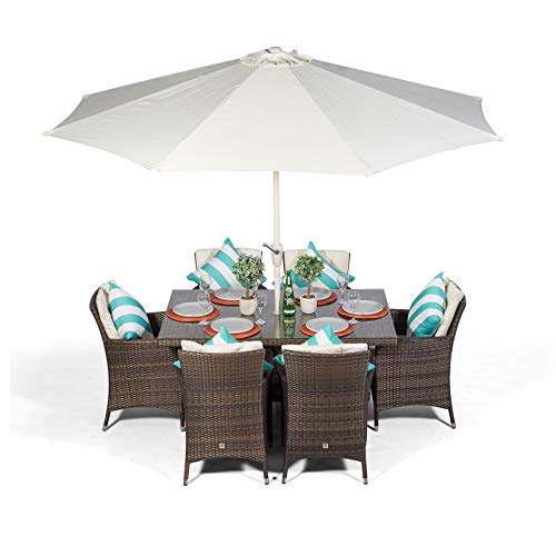 Giardino, Savannah Rattan Dining Set | Rectangle 6 Seater Brown Rattan Dining Set | Outdoor Poly Rattan Garden Table & Chairs Set | Patio