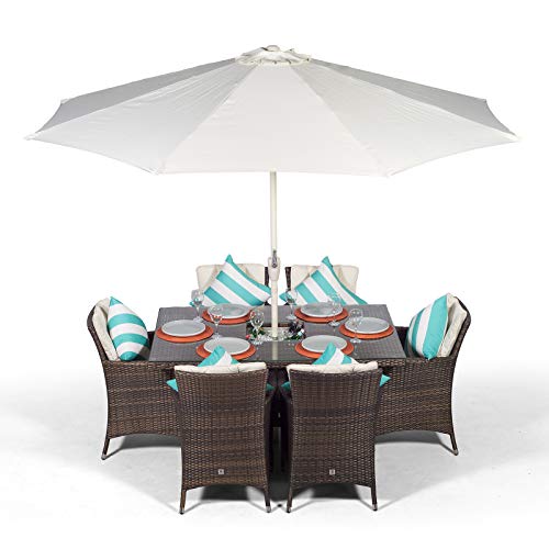 Giardino, Savannah Rattan Dining Set | Rectangle 6 Seater Brown Rattan Table & Chairs Set with Ice Bucket Drinks Cooler | Outdoor Poly Rattan Garden