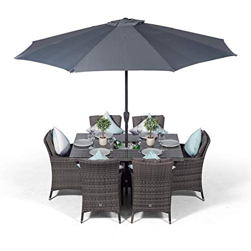 Giardino, Savannah Rattan Dining Set | Rectangle 6 Seater Grey Rattan Table & Chairs Set with Ice Bucket Drinks Cooler | Outdoor Poly Rattan Garden