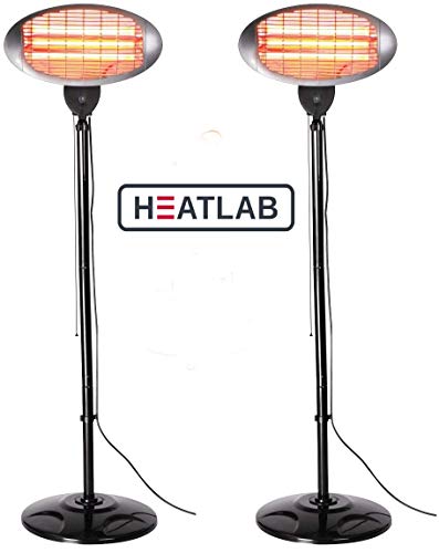Heatlab, Set of 2 Heatlab 2kW Outdoor Freestanding Electric Quartz Bulb Garden Patio Heaters - 3 Power Settings (Set of 2 Grey FreeStanding Heaters)