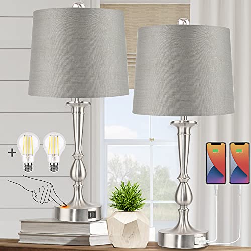 Stylechi, Set of 2 Touch Control Table Lamp with Dual USB Charging Ports Desk Lamps, 3-Way Dimmable Modern Nickel Finish Bedside Large Table