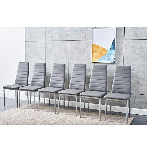 Panana, Set of 6 Modern Dining Chairs Kitchen Chair Leather with Solid Metal Legs (6Chair, Grey)