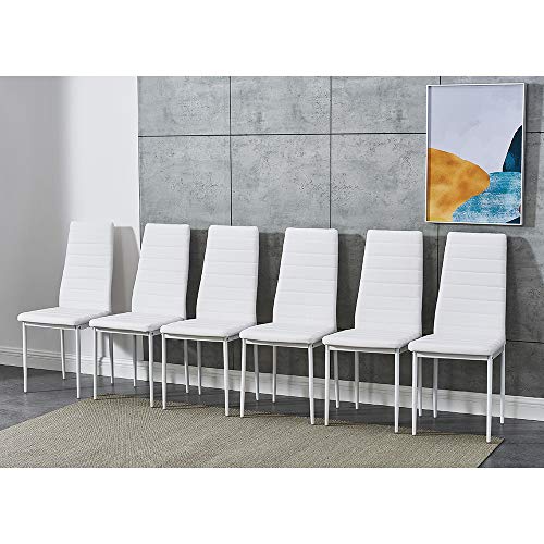 Panana, Set of 6 Modern Dining Chairs Kitchen Chair Leather with Solid Metal Legs (6Chair, White)