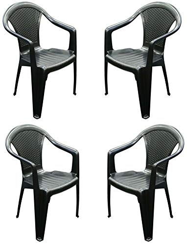 Ipae, Set x 4 Rattan Plastic Strong Black Stackable Outdoor Patio Garden Chairs & Arms