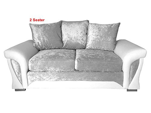 Sofas and More, Shannon Corner 3+2 Seater Leather and Crushed Velvet Fabric White and Silver (2 Seater)