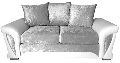 Sofas and More, Shannon Corner 3+2 Seater Leather and Crushed Velvet Fabric White and Silver (2 Seater)