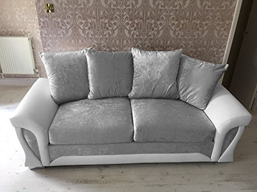 Sofas and More, Shannon Corner 3+2 Seater Leather and Crushed Velvet Fabric White and Silver (3+2 Seater)