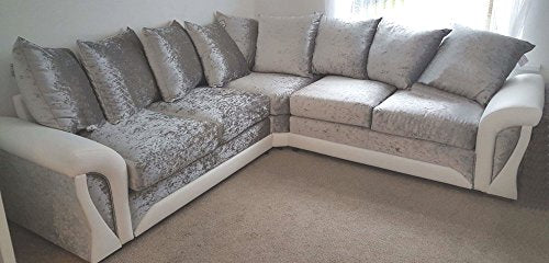 Sofas and More, Shannon Corner 3+2 Seater Leather and Crushed Velvet Fabric White and Silver (Corner Sofa 2c2)