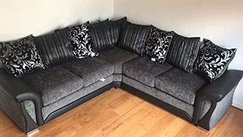 Sofas and More, Sharon Corner Sofa Grey and Black Fabric Chenille Leather